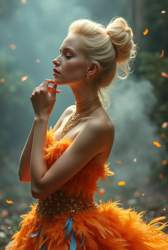 The image is a portrait of a young woman with blonde hair styled in a voluminous updo. She is wearing a long, flowing orange dress with a high neckline and long sleeves. The dress is made up of multiple layers of colorful feathers in shades of orange, yellow, and blue. The woman is also wearing multiple gold necklaces and earrings. She has her eyes closed and her hand is resting on her chin, as if she is deep in thought. The background is filled with smoke and confetti, creating a dramatic and dreamy atmosphere. The overall mood of the image is surreal and surreal.