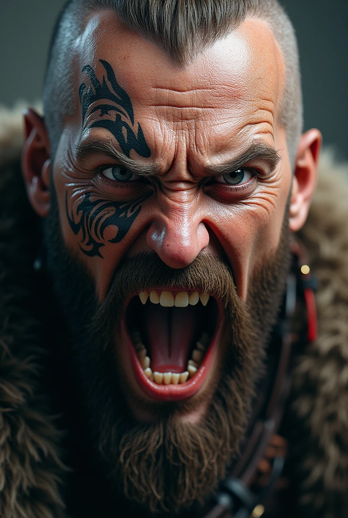 Realistic Viking warrior face screaming with teeth bared with a Norse tattoo around his eye and with his eyes open 