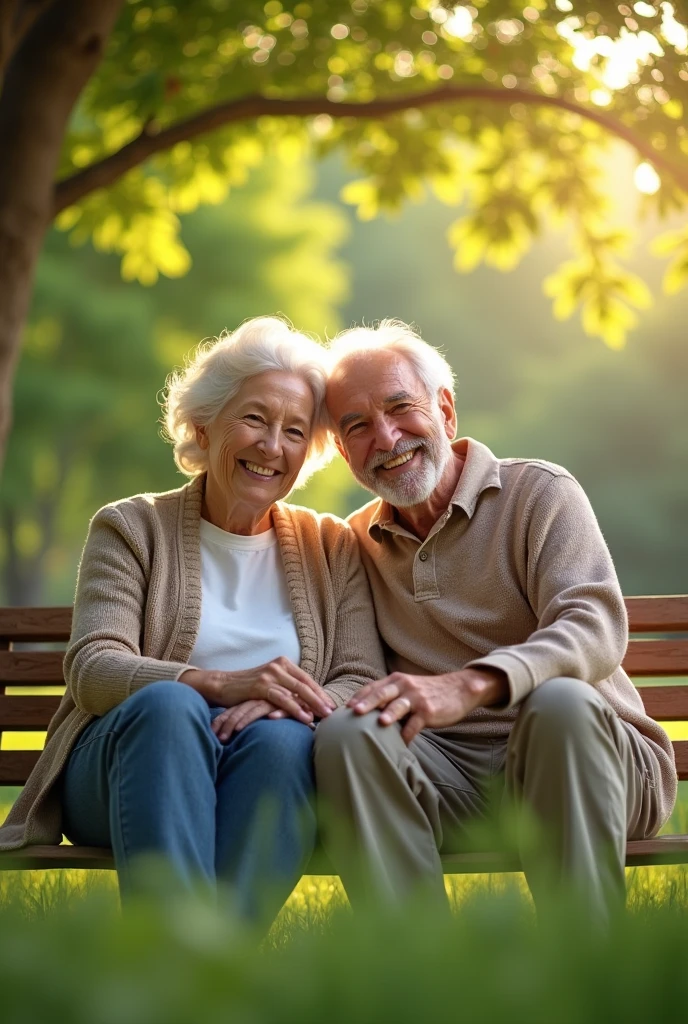 (masterpiece, Best Quality, High resolution: 1.2), (photorealistic: 1.2), (Bright and warm: 1.3), a smiling and happy elderly couple, Captured in a park on a sunny day. They are sitting together on a bench under a leafy tree, surrounded by a green and flourishing landscape. looking to the camera, smiling with warmth. Sunlight passes through the leaves, creating a soft and warm play of light and shadow in the scene. transmitting love and satisfaction on their faces. The atmosphere is serene and cheerful., with bright colors that highlight the vitality of the moment. The camera captures the scene in sharp focus, highlighting the details of your clothes, the textures of the environment, and the sparkle in his eyes, symbolizing a full and balanced life.