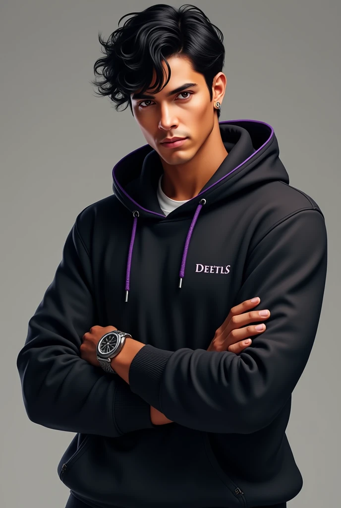 A guy with black medium hair with layers, tan skin color, wearing a black hoodie with some purple arts on not much and looking straight and generate the image from head to hips and make him look like bruno mars from the please me video and make him stand and make him cross his arms and make him look focused