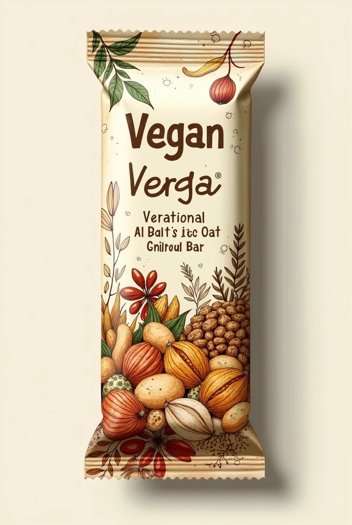 A label for a banana cereal bar, aveia, molasses, cashew nut, Brazil nut, peanut, chia and nuts. I need you to package this product. You don't need to put anything written on the packaging. Only the drawing of the ingredients and the information that the product is vegan.
