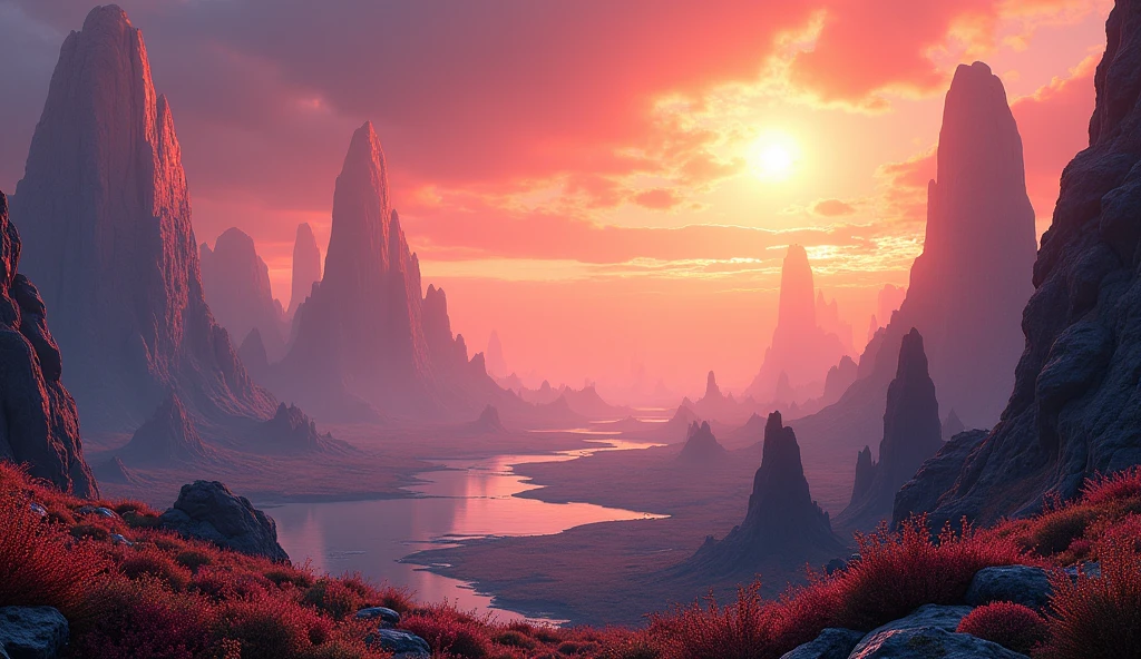A breathtaking alien planet at dawn, (best quality,4k,8k,highres,masterpiece:1.2),ultra-detailed,(realistic,photorealistic,photo-realistic:1.37),dramatic lighting,glowing sky,alien landscape,futuristic architecture,floating islands,bioluminescent flora,atmospheric fog,intricate alien flora and fauna,cinematic composition,vibrant colors,warm lighting,dramatic shadows,detailed textures,intricate details