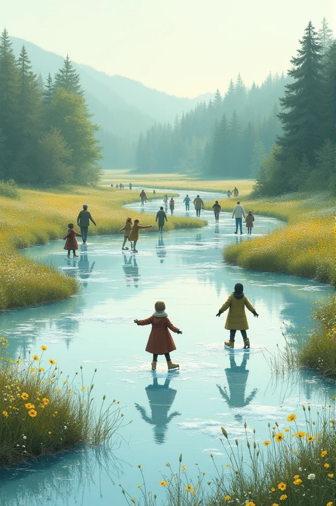 Create a meadow with flood water and people skating on it as a drawing