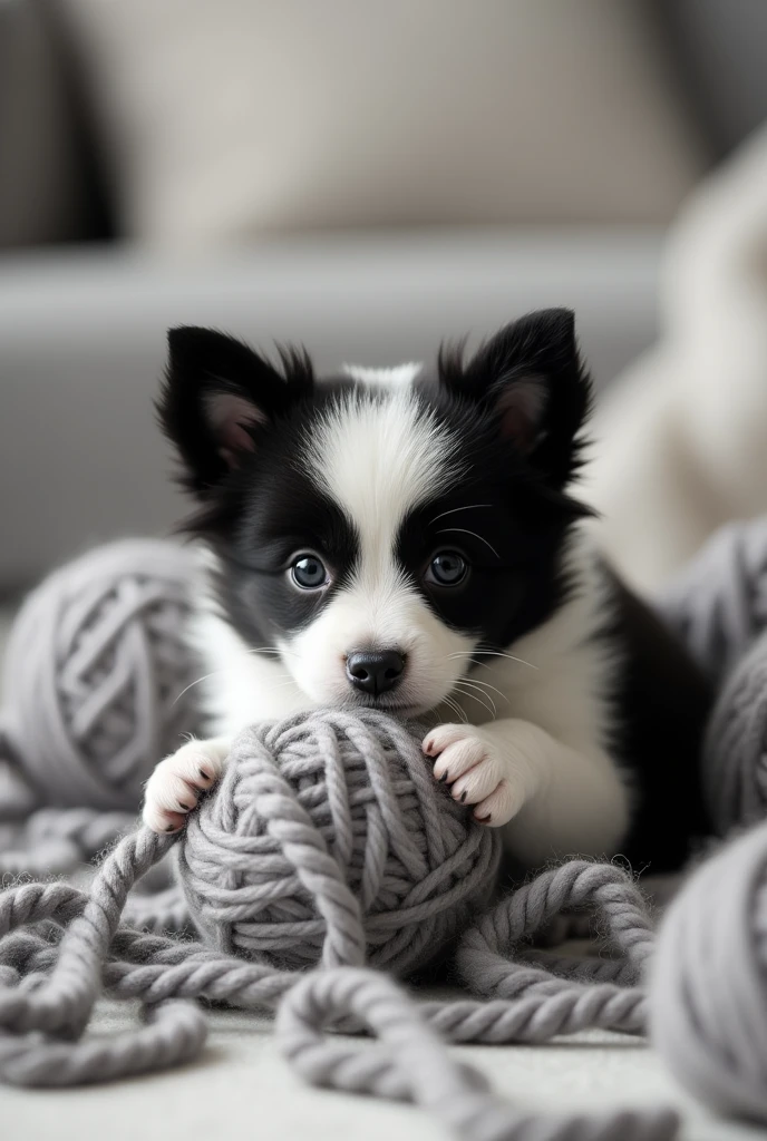 Black and white puppy playing with knitting wool
