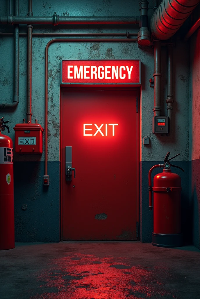 create an image that is half industrial emergency signage and half industrial fire prevention