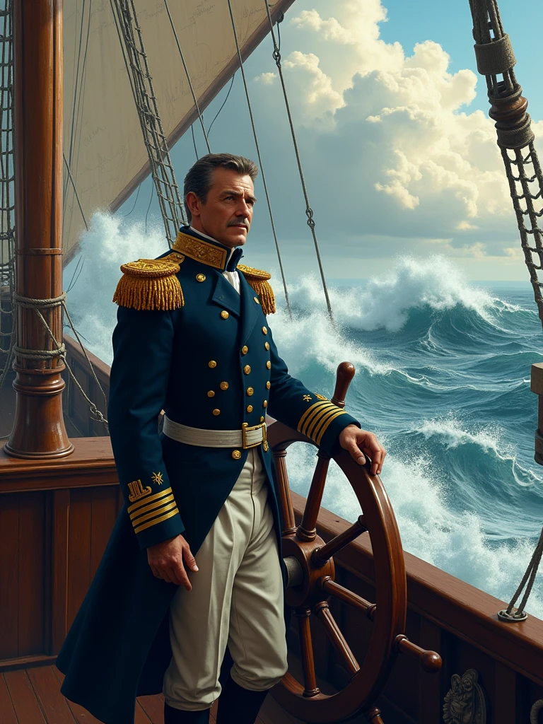 An 1830s naval admiral at the helm of his ship in a stormy sea, with a nautical chart of the era in the background of the sky..