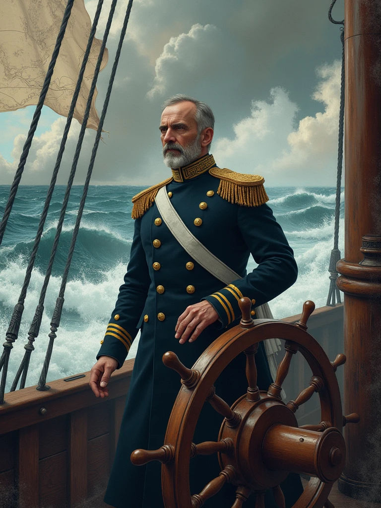 An 1830s naval admiral at the helm of his ship in a stormy sea, with a nautical chart of the era in the background of the sky..