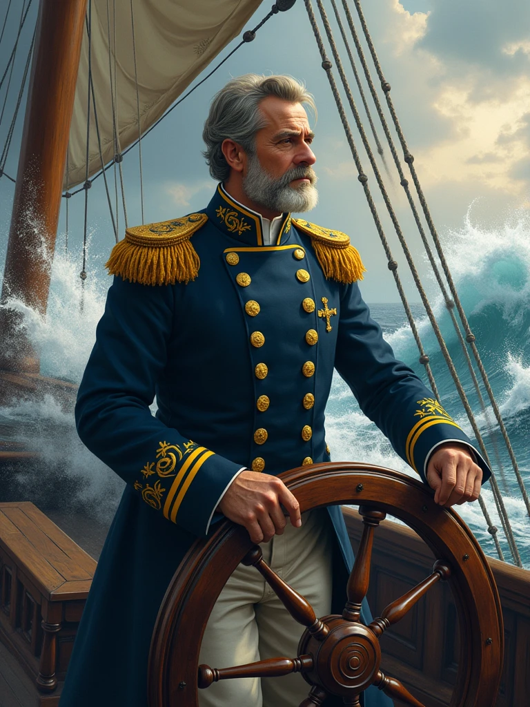 An 1830s naval admiral at the helm of his ship in a stormy sea, with a nautical chart of the era in the background of the sky..