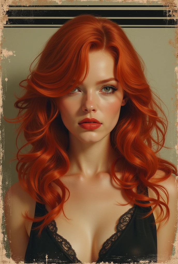 Sexy redhead woman long hair on an old 45 rpm record cover with a horizontal stripe at the top of the cover 