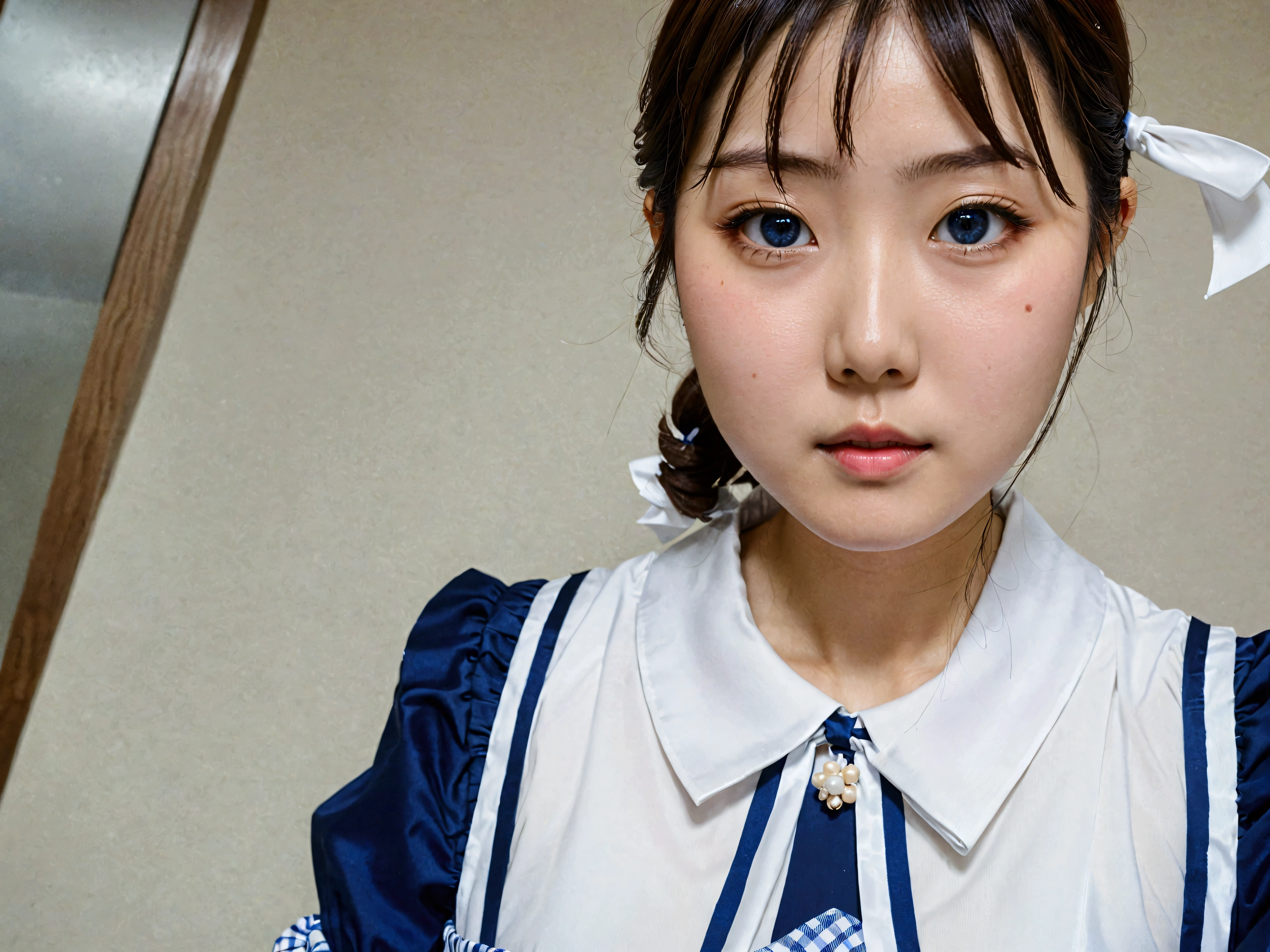 There is a woman wearing a blue and white dress, 8k selfie photography, chiho, Yoshitomo Nara, shikami, Yui Kotegawa, Seifuku, Kimi Takemura, closeup of another iwakura, taken with sony alpha 9, sakimichan