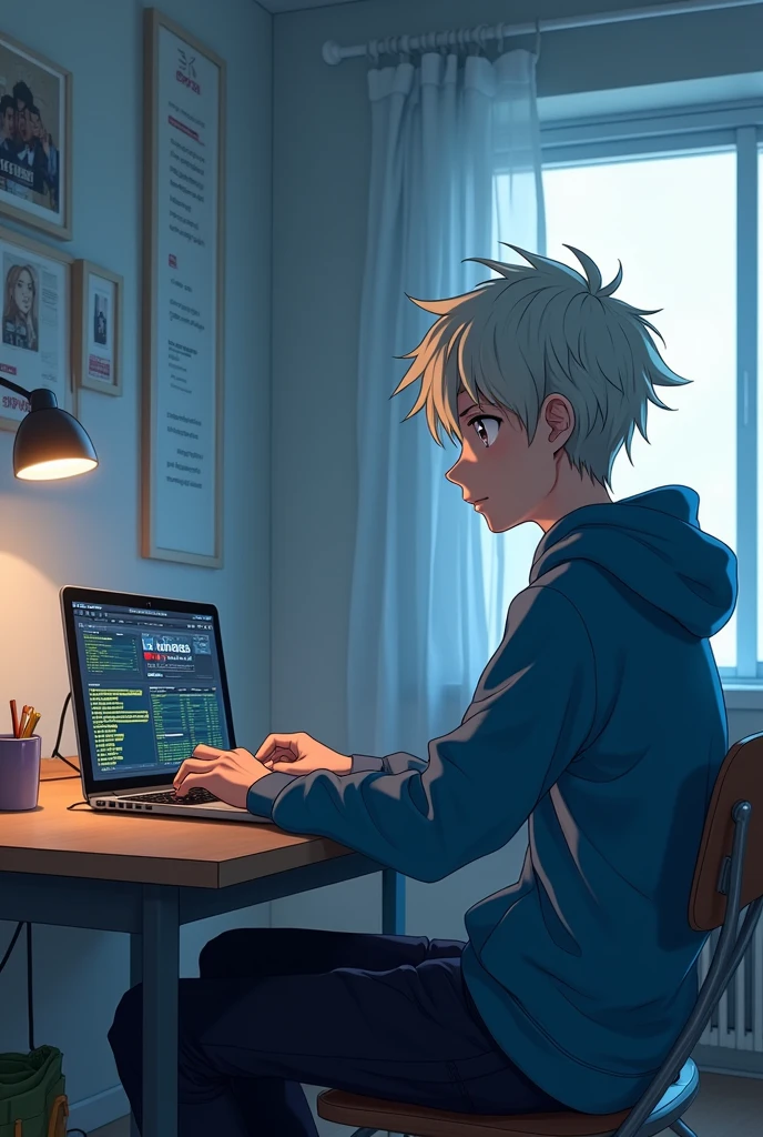 Anime White guy in a blue hoodie sitting on a desk with a laptop in his room with secret agents