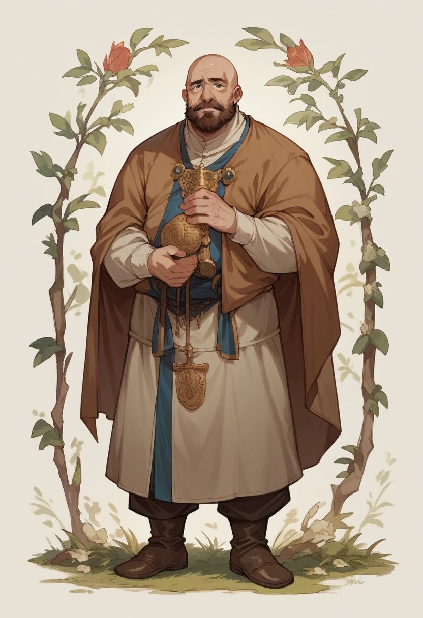 old man ancient medieval priest monk with bald head and brown beard and brown hair around his barehead, full body.