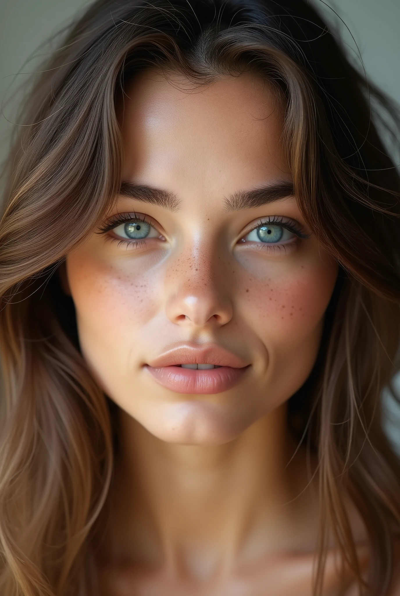 Create a close-up portrait of a 20-year-old brunette female model with a neutral-toned background. The model should have full lips, blue eyes, and clear skin with a healthy glow and small freckles. Her hair should appear natural, flowing loosely and slightly tousled, with subtle highlights to give it dimension and life. The lighting should emphasize the details, especially around the eyes and lips, creating a soft and serene ambiance. The facial expression should be relaxed and confident, capturing a sense of elegance and approachability. Ensure the focus is sharply on the subject’s face and features, with a natural look without heavy makeup. The overall image should reflect a modern, stylish, and aspirational vibe suitable for an Instagram influencer.