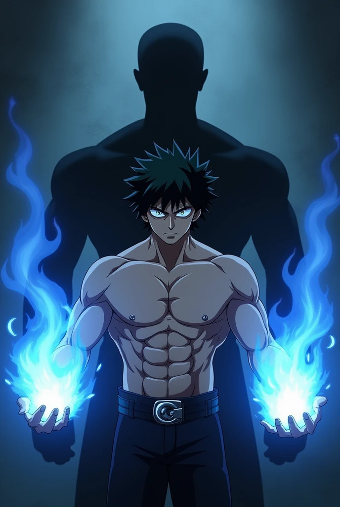 personnage Dabi de l'anime my hero academia . he looks like a soldier. he doesn't wear a top. black hair .
In his left hand he has a blue fireball and in his right hand another fireball. add a shadow that also holds two blue fireballs