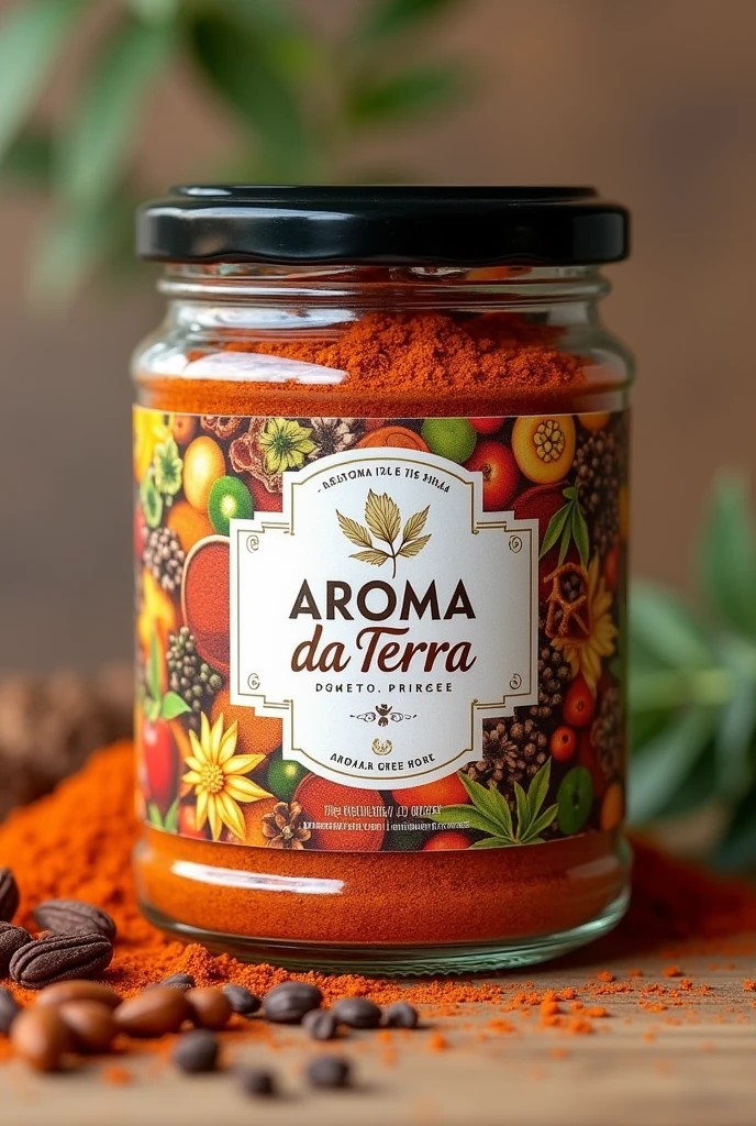 A label to be used on jars of dry spices, where the company name is Aroma da terra, can have several different spice designs.