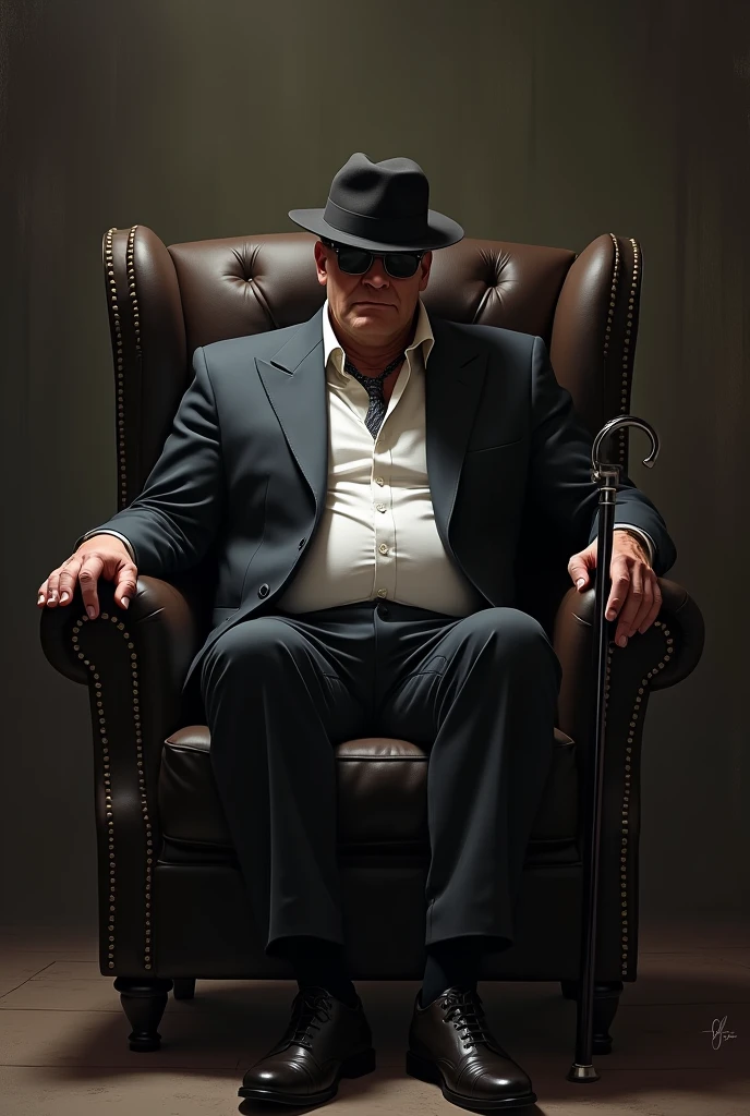 mobster(naughty man) With a hat on his head, he is blind and uses a cane. is sitting in an armchair. He is handsome and has broad shoulders and an elegant athletic body..