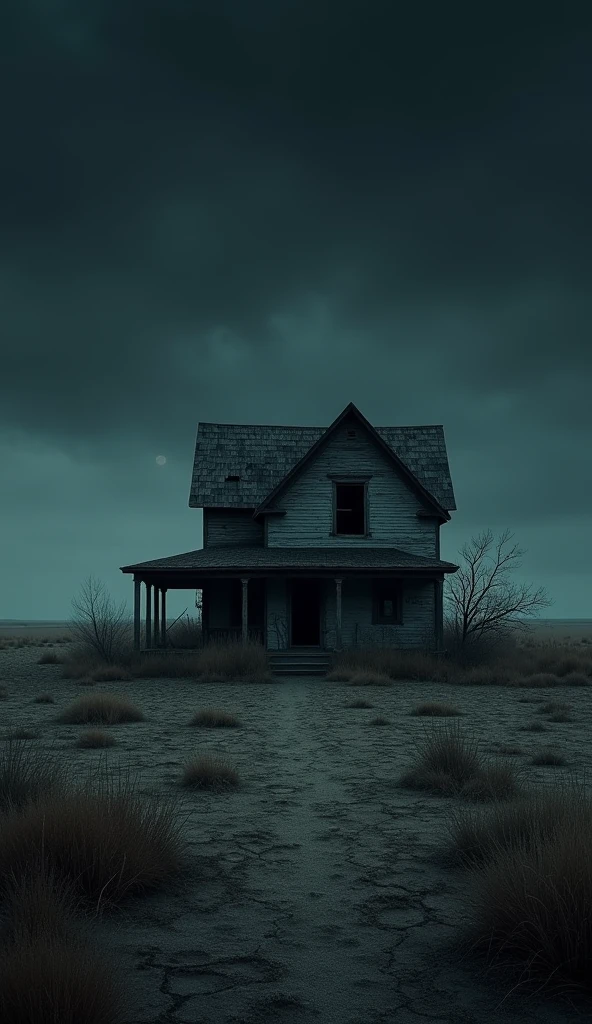 An abandoned farmhouse surrounded by barren fields under a starless night sky