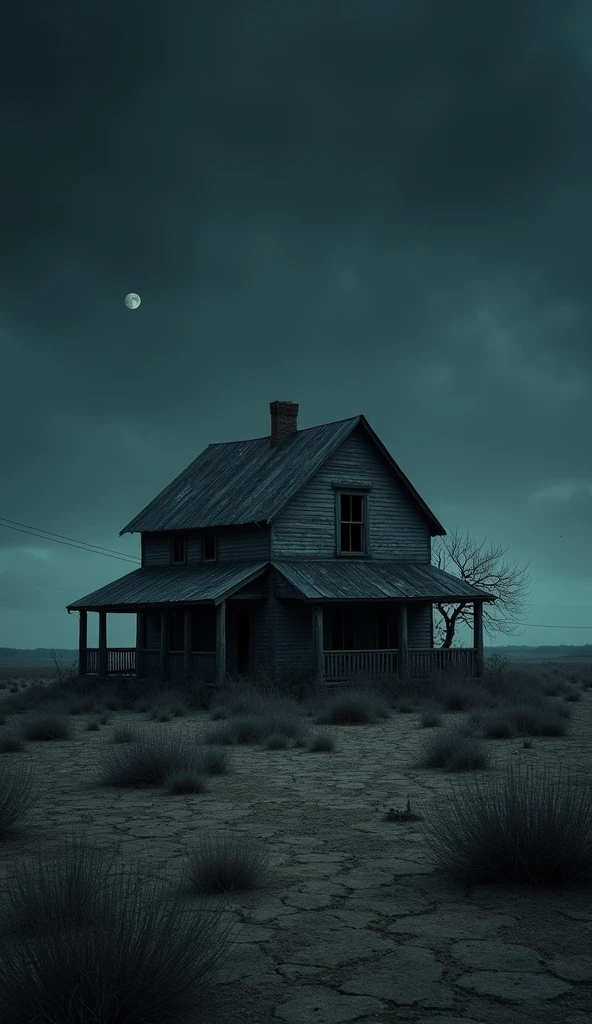 An abandoned farmhouse surrounded by barren fields under a starless night sky