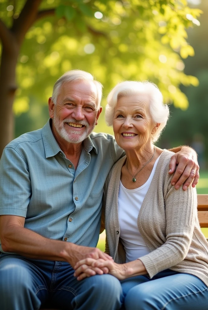 (masterpiece, Best Quality, High resolution: 1.2), (photorealistic: 1.2), (Bright and warm: 1.3), a smiling and happy elderly couple, perfect hands, Captured in a park on a sunny day. They are sitting together on a bench under a leafy tree, surrounded by a green and flourishing landscape. looking to the camera, smiling with warmth. Sunlight passes through the leaves, creating a soft and warm play of light and shadow in the scene. transmitting love and satisfaction on their faces. The atmosphere is serene and cheerful., with bright colors that highlight the vitality of the moment. The camera captures the scene in sharp focus, highlighting the details of your clothes, the textures of the environment, and the sparkle in his eyes, symbolizing a full and balanced life.