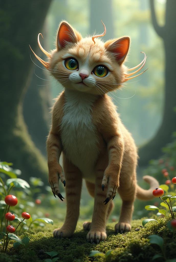 generate an imaginary friend with the following characteristics: worm eyes, fly legs, lion arms, cat fur, forest location