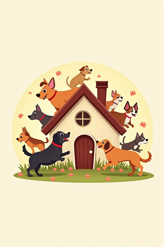 House logo with dogs of different sizes playing around