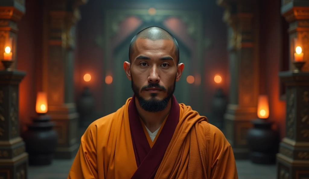realistic photography charismatic and handsome Buddhist monk in mystical temple