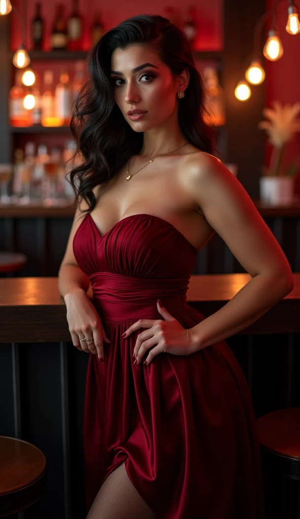 Canadian woman, 20 years old,  black Redhead hair side hairstyle, very Big bust, posing from side in photo in full body, Very open and sleeveless Dark redstrapless dress, plissada skirt, black pantyhose, high heels, standing in a Bar, detailed face