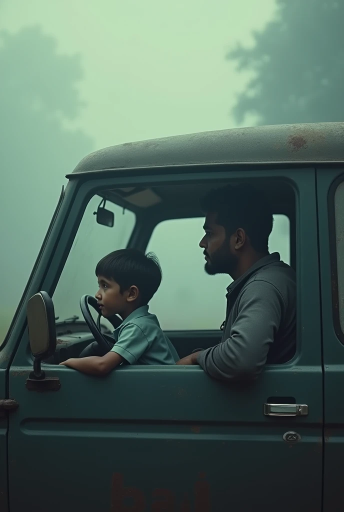 cinematic, photorealistic film poster of a cinematic, photorealistic film poster of a man in his 30’s wearing middle class track suit, driving an old maruti Van with his  son seated on the side seat in a school dress, side face profile , outskirts of Darjeeling, misty morning