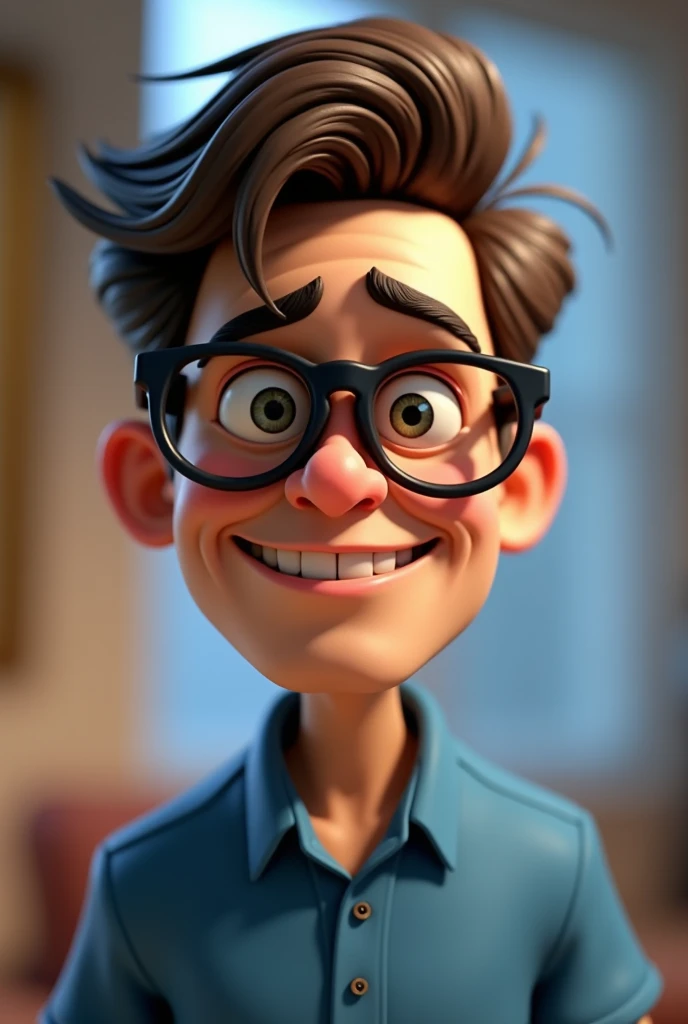 Cartoon character of a man in black glasses and blue shirt, animation character, stylized character, animation style rendering, 3d stylized, Arnold Maya rendering, Stylized 3D rendering, toon render screenshot, 3d character, 3d character, Stylized 3D rendering, 3D character rendering, cartoon character, Personagem de close up, character posing,  (Pixar-style) (master part:1.2) (bokeh) (best qualityer) (skin detailed) (detailed texture) (8k) (Argilla) (cinematic lighting) (sharp focus
