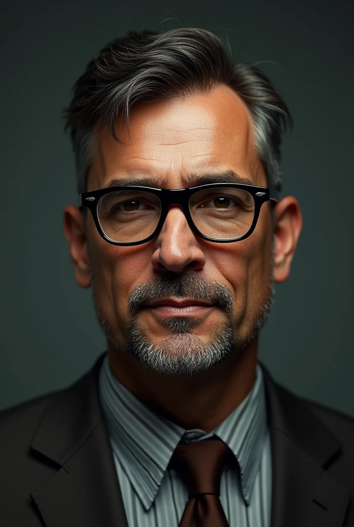 Create a Brazilian man, who wears glasses has short hair, disguised, have a weight of around 100kg and have brown eyes, use your eyes, don't have any beard, have a slightly large, thin nose, at 40 years old.