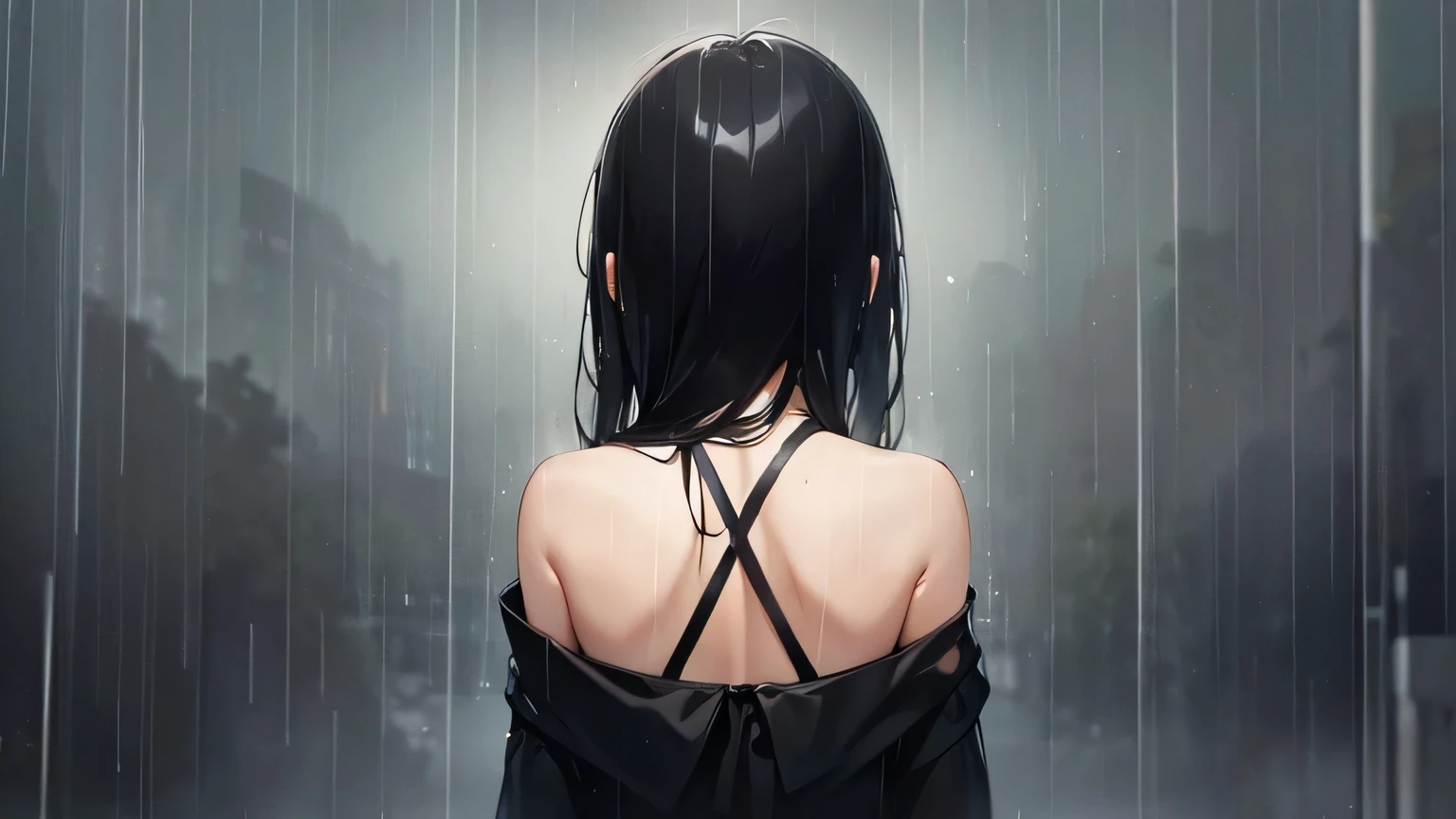 in the rain　A sad woman　Black Hair　Back view