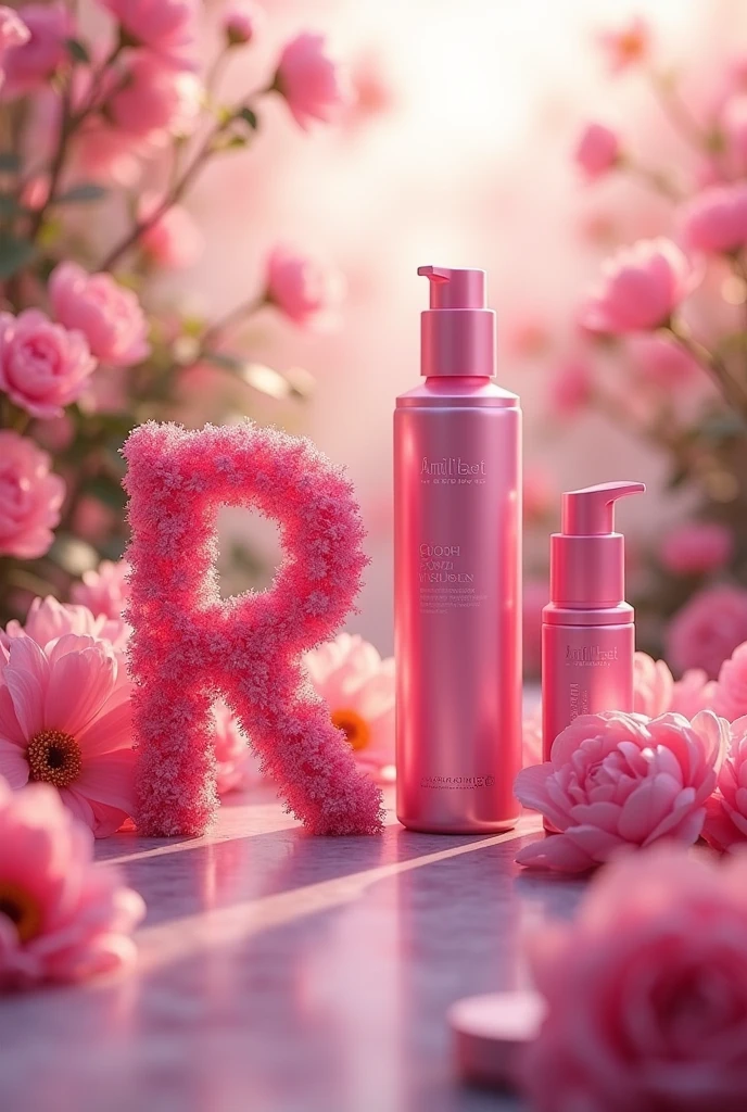 The letters RB with pink beauty products on the front, with a floral background