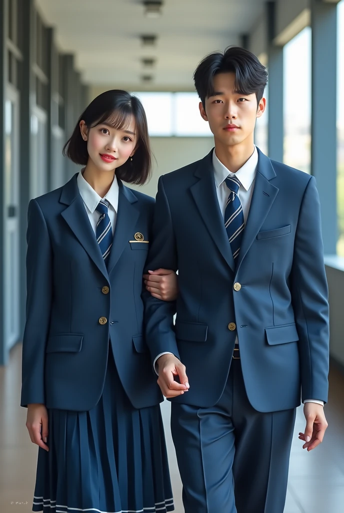 Korean school uniform blue, female and male, photo realist 