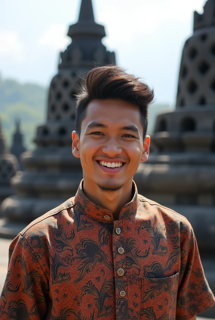 photography realistic, indonesian young man, batik, candi borobudur, smile ultra hd
