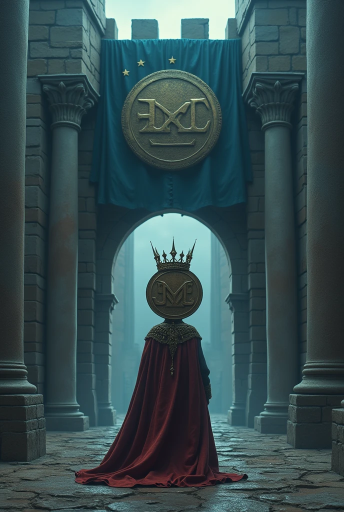 The king, whose head is very big and looks like a coin and has a crown, enters a big castle, the flag of which is written Mexc, and the color of the flag of that land is dark blue.