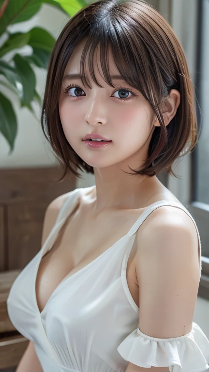 (8k, Photorealistic, RAW Photos, Best image quality: 1.4), Japanese schoolgirl、Short Bob、Super detailed face、Eye on the details、double eyelid、Sharp focus:1.2、Beautiful woman:1.4、Light brown hair、Highest quality、masterpiece、Ultra-high resolution、(Photorealistic:1.4)、Highly detailed and professionally lit smiles、(White dress:1.5)、blush、Open your mouth a little、Watery eye、amount、erect nipples、slouch、Cleavage、Small breasts