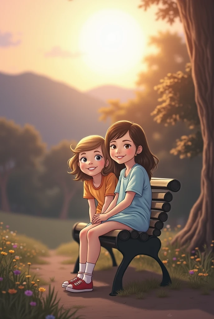 ((masterpiece, best quality)),(complex lighting),1girl, Valerie frizzle,dress, Two young girls sitting on a bench, smiling and looking towards the camera. The sun is setting in the background, casting a warm glow over the scene.