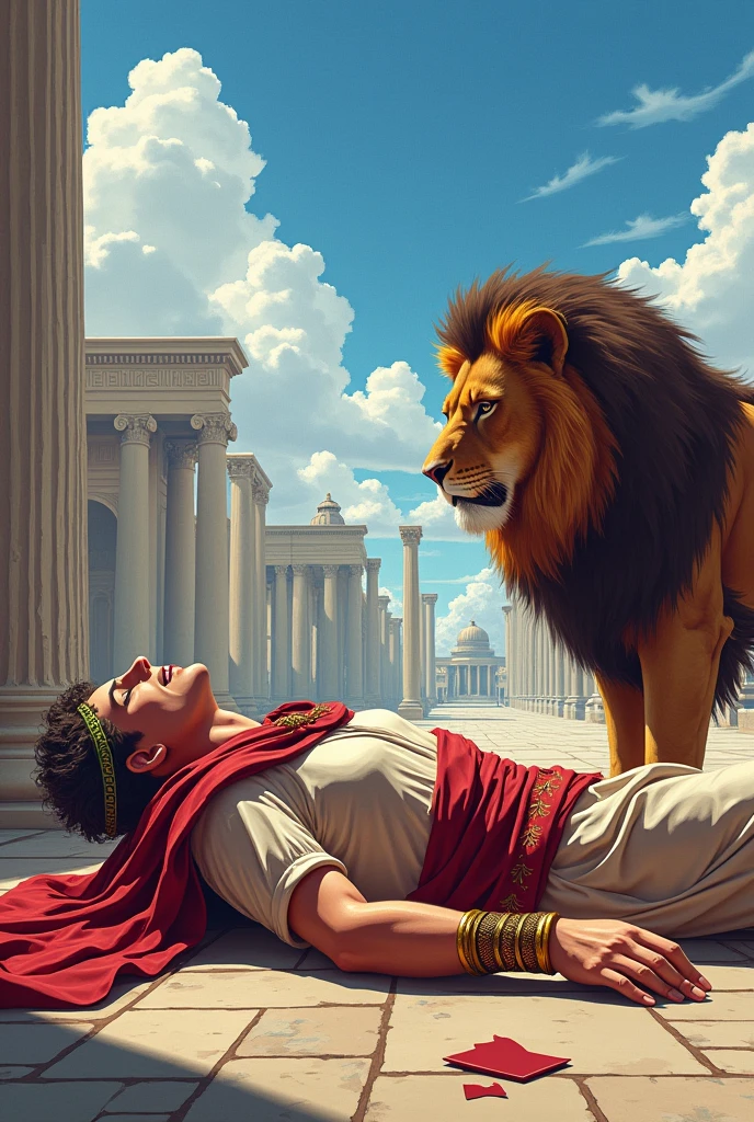 A Roman emperor lying on the ground in an anime style Rome setting with a lion
