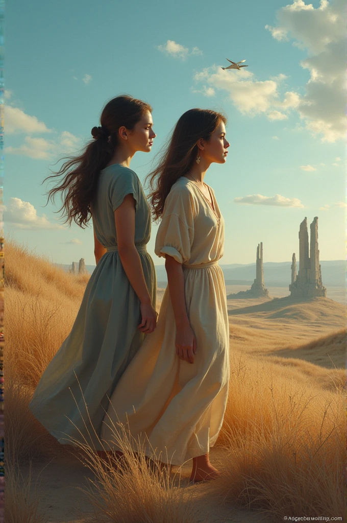 alone in the universe, in watercolor style, Photorealism, discreet golden and ruby and mint shades, (nude) a gentle, modest, thin girl of 16 years old with a very beautiful, sophisticated face of the southern type with a short dark hairstyle with beautiful breasts with tender nipples (barefoot) in a long old beige skirt walking in the distance (Across the desert), stunted little plants, drought, precious jewelry on the neck and chest and on the wrists, precious bracelets, ankle bracelets