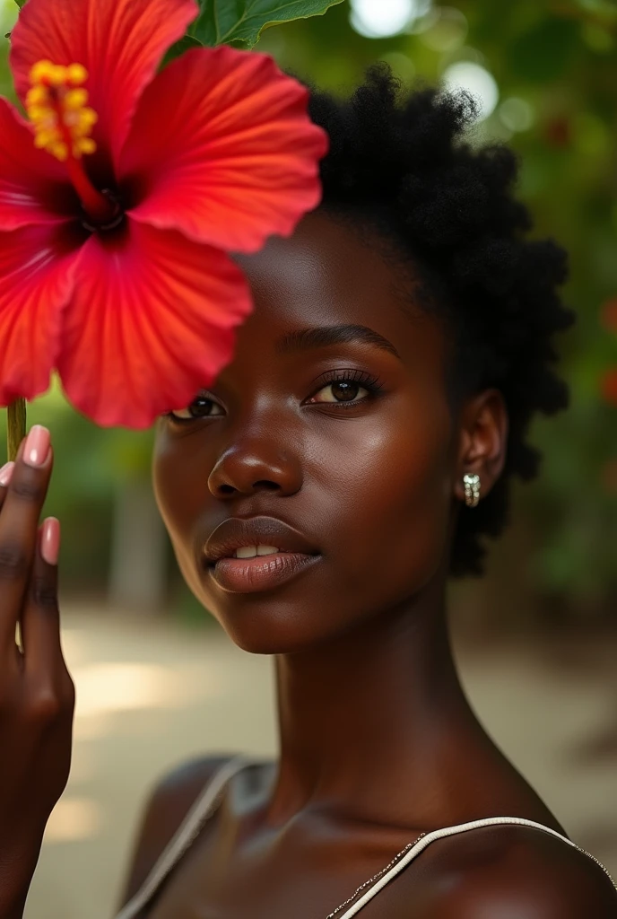 Photo shoot of a black woman with a hibiscus flower