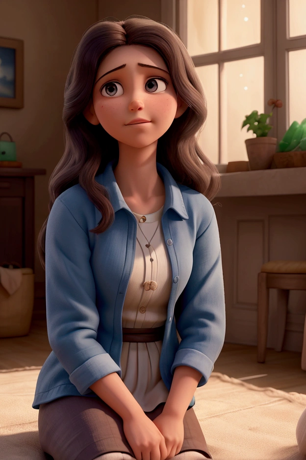 Jesus, with an expression of infinite tenderness, sitting next to Miriam in her dark and silent home. Miriam continues with a lost look, pero la presencia de Jesus irradia una luz cálida que parece llenar la habitación. Rebecca watches from a corner, with a heart full of hope. The silence in the room is palpable., filled with a feeling of peace that begins to dissolve Miriam's hopelessness, Medium shot, hyper-realistic, Photo realism, cinematography