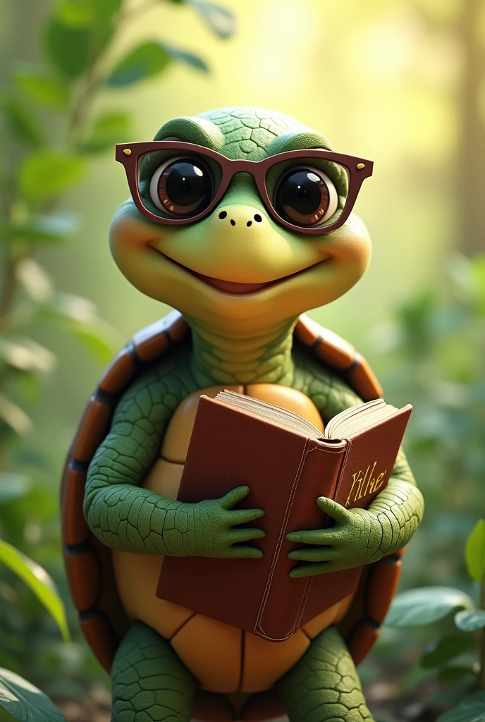 A female turtle holding a bible, wearing sunglasses, animation style 
