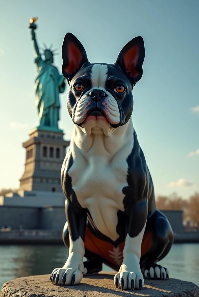 A cute boston terrier dog, liberty statue, detailed furry texture, elegant bronze statue, dynamic composition, dramatic lighting, cinematic colors, photorealistic, highly detailed, 8k, masterpiece