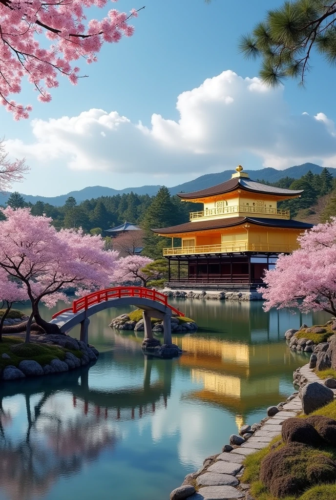 Transportation to Historic Kyoto, Japan, Through images that capture the essence of the heritage and beauty of this iconic city.. In this scene, Kyoto emerges as a cultural asset, A fascinating mix of ancient and modern.
In the center of the image, Hall々The towering Kinkakuji Temple, Also known as Kinkakuji Temple. Basking in the morning sun, The walls shine with brilliant gold., Reflected in the calm surrounding lake waters. Surrounded by meticulously designed gardens, A jewel-like temple nestled in the midst of lush nature.
The cherry blossoms are in full bloom, Decorate your landscape with soft pink hues. Some flowers fell gently on the shore of the lake, Create a picturesque and romantic landscape.
A winding stone path leads through the garden, It takes visitors across the stream on a small red arch bridge. The bridge seems to connect the past and the present., A visual metaphor for the coexistence of cultural heritage and modernity in Kyoto.
No horizon, The silhouettes of temples and towers stand out against the clear blue sky.. The city's narrow streets and traditional rooftops、It adds a sense of authenticity to this scene.。, A reminder of Kyoto's rich history as the former imperial capital.
The sky is decorated with soft white clouds, It creates a soft contrast between the golden structures and the vibrant tones of nature.。.
This photo will take you to a magical moment in Kyoto., Past and present intertwine in harmony、Visually beautiful、Culturally significant landscapes