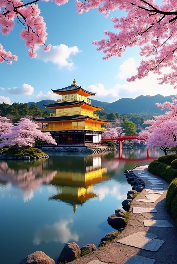 Transportation to Historic Kyoto, Japan, Through images that capture the essence of the heritage and beauty of this iconic city.. In this scene, Kyoto emerges as a cultural asset, A fascinating mix of ancient and modern.

In the center of the image, Hall々The towering Kinkakuji Temple, Also known as Kinkakuji Temple. Basking in the morning sun, The walls shine with brilliant gold., Reflected in the calm surrounding lake waters. Surrounded by meticulously designed gardens, A jewel-like temple nestled in the midst of lush nature.

The cherry blossoms are in full bloom, Decorate your landscape with soft pink hues. Some flowers fell gently on the shore of the lake, Create a picturesque and romantic landscape.

A winding stone path leads through the garden, It takes visitors across the stream on a small red arch bridge. The bridge seems to connect the past and the present., A visual metaphor for the coexistence of cultural heritage and modernity in Kyoto.

No horizon, The silhouettes of temples and towers stand out against the clear blue sky.. The city&#39;s narrow streets and traditional rooftops、It adds a sense of authenticity to this scene.。, A reminder of Kyoto&#39;s rich history as the former imperial capital.

The sky is decorated with soft white clouds, It creates a soft contrast between the golden structures and the vibrant tones of nature.。.

This photo will take you to a magical moment in Kyoto., Past and present intertwine in harmony、Visually beautiful、Culturally significant landscapes