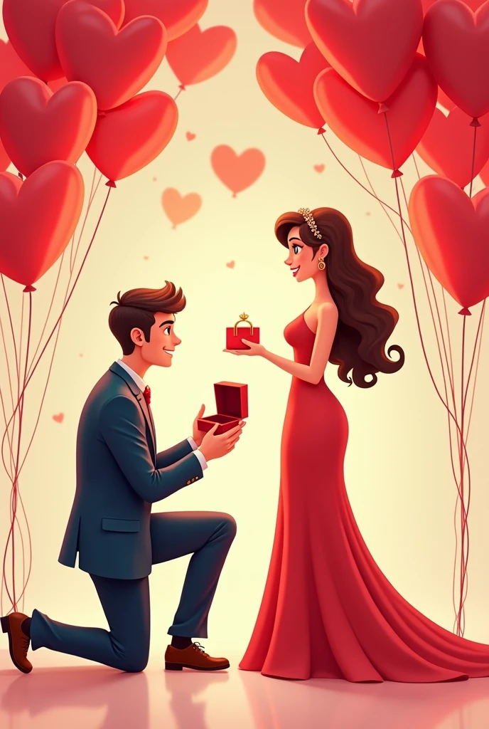 A man proposes to a beautiful woman wearing a beautiful dress. The man kneels down and offers her a large wedding ring in a red box. Behind them are many red heart-shaped balloons. Simple cartoon drawing with high details. Cartoon drawing. 2D drawing.