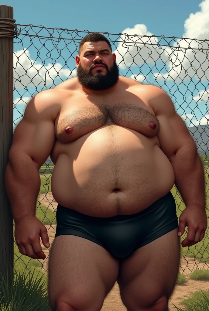 side vive, stocky man with a protruding belly, hairy chest and hairy belly, shirtless and wearing black boxer briefs, he is leaning on a wire fence in the middle of the farm