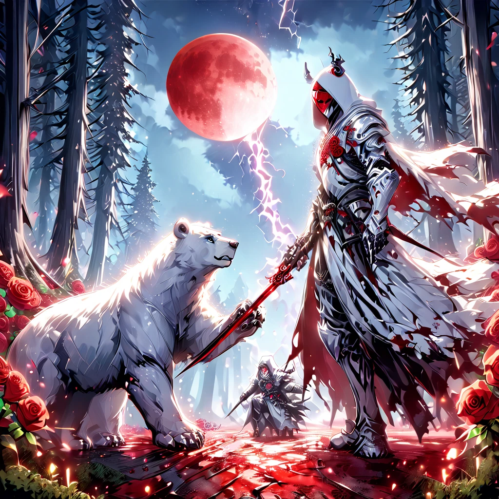 Dynamic picture where a man with a white hood with bear ears and a katana sits riding a big polar bear in a forest while the blood moon shines, many Roses cover the ground and lightning falls from the sky. The man wears a red blindfold.