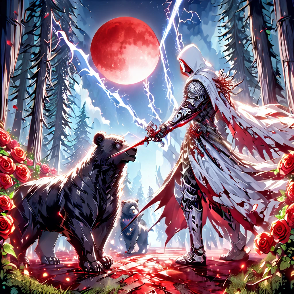 Dynamic picture where a man with a white hood with bear ears and a katana sits riding a big polar bear in a forest while the blood moon shines, many Roses cover the ground and lightning falls from the sky. The man wears a red blindfold.