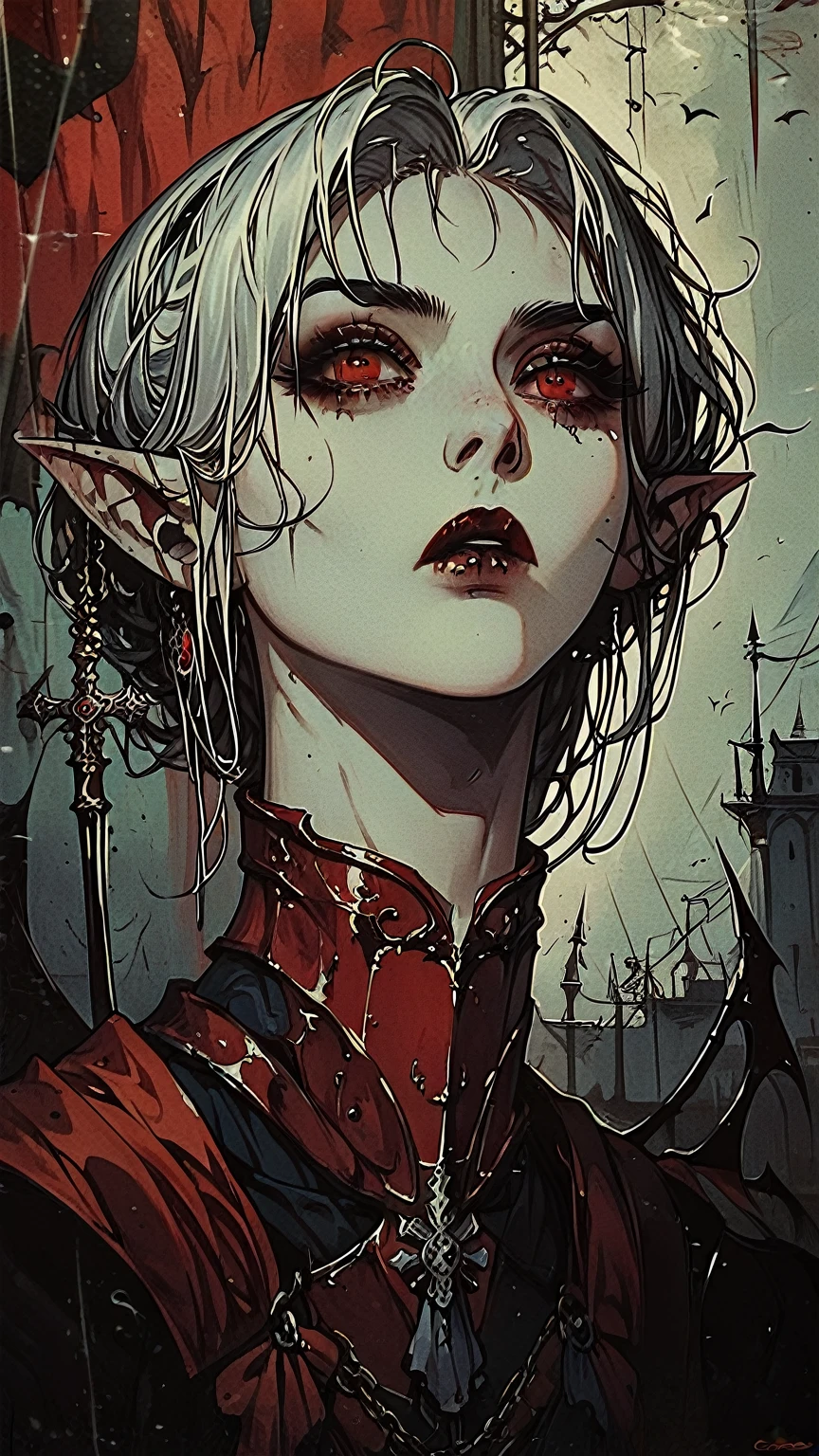 vampire woman, long white hair, black and red armor, pointy ears, red eyes and pale skin, holding a chalice , gloomy catacombs of an ancient time